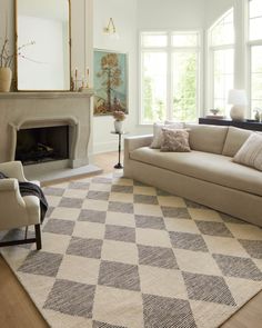 a living room filled with furniture and a large rug on the floor in front of a fire place