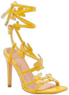 Yellow Butterfly Wedding, Sweet 16 Shoes, Yellow Quince, Emerald Shoes, Cute Feminine Outfits, Heels Yellow, Yellow High Heels, Yellow Wedges, Wedding Shoes Bridesmaid