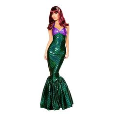 a woman in a green mermaid costume with purple top and fish scales on her skirt