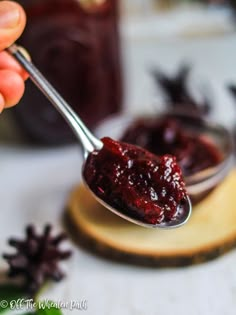 someone holding a spoon full of cranberry sauce