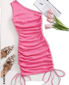 Spring Mini Dress With Ruched Sides, Pink Drawstring Dress For Party, Pink Party Dress With Drawstring, Summer Casual Ruched Bodycon Dress, Casual Ruched Bodycon Dress For Summer, Casual Summer Ruched Bodycon Dress, Casual Ruched Bodycon Dress For Spring, Casual Bodycon Party Dress With Drawstring, Pink Drawstring Dress For Spring