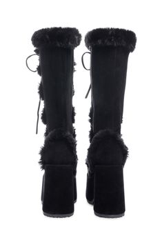 cuz you're a vision of wonderland, babe! Let 'em know the arctic goddess has arrived in these knee high platform boots that have a vegan suede construction, fluffy faux fur trim, adjustable lace-ups on the front, and side zip closures. Shoes Platform Boots, High Platform Boots, Knee High Platform Boots, Demonia Shoes, Boots Combat, Black Platform Boots, Shoes Platform, Black Doll, Platform Sneakers