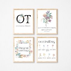 four framed art prints with flowers and the words oot, occupations, o