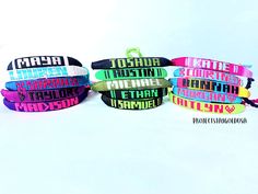 How to order: Step 1: Pick the colors for the text Step 2: Pick the colors for the band Step 3: Pick design, not required Step 4: NAME ON BRACELET And now you are set! Text: ARE ALL CAPITAL ON BRACELET Colors available: see photos, all colors are available! Symbols available to be made: ♥, [ ], #, +, !, /, < >, WINGS, =, STAIRCASE, NUMBERS(If there are any that I don't have listed here, please message me a photo and we can go from there 100% Nylon filament cord adjustable bracelet. One Siz Bracelets With Names, Friendship Bracelets With Names, Team Bracelets, Bracelet Colors, Toddler Bracelet, Name Bracelets, Bff Bracelets, Surfer Bracelets, Diy Friendship Bracelets Patterns