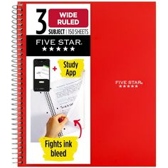 the five star notebook is red and has writing on it, which includes an image of a person's hand holding a pen