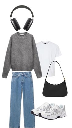 Achieve the perfect blend of comfort and style with this trendy outfit! Start with a soft grey knit layered over a classic white tee for a relaxed vibe. Pair it with your favorite blue jeans for a timeless look, and step into New Balance 530 sneakers for a sporty touch. Complete the ensemble with a sleek black bag and stylish black Air Max headphones for that urban edge. Perfect for casual outings or lounging in style! 🎧✨ #CasualChic #FashionInspo #OOTD Air Max Headphones, 530 Outfit, New Balance 530 Outfit, Max Headphones, New Balance Outfit, Grey Outfit, Trendy Outfit, Black Bag, Womens Casual Outfits