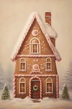 a painting of a gingerbread house in the snow