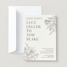 a wedding card with the words, lucky geller to tom bleake on it