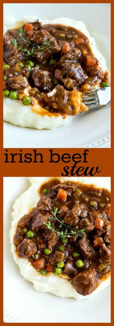 two pictures of beef stew on top of mashed potatoes