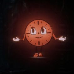 an animated clock with two hands on it's face and arms outstretched in the dark