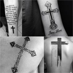 four different cross tattoos on the back of men's arms and shoulder, all with words written in black ink