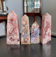 "Gorgeous selection of pink amethyst flower agate towers. Druzy elements and some blue banding as well. Natural, imported stone materials from Madagascar. Measurements below: Tower A Height: 4.5 in. Weight: 0.53 lbs (241 grams) Tower B Height: 4 in. Weight: 104 grams Tower C Height: 3 in. Weight: 124 grams Tower D Height: 4.1 in. Weight: 119 grams \"Pink amethyst flower agate emits calmness, trust and grace. This stone assists with moving one towards emotional balance and overall peace. It increases intuition and clarity, and helps to lift troubled thoughts, feelings and energies that may be weighing you down.\" B" Pink Spiritual Gemstone Crystals, Pink Natural Stones Crystals For Healing, Spiritual Pink Crystals Gemstone, Pink Healing Gemstone Crystals, Altar Crystals, Crystal Facts, Manifest 2024, Pretty Crystals, Origami Tutorials