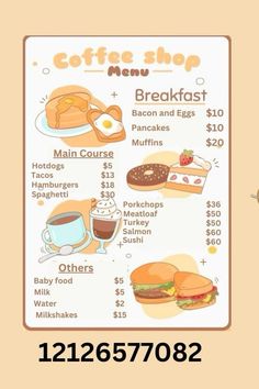 a menu for coffee shop with breakfast items