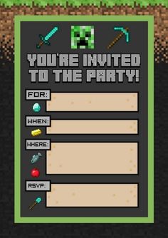 an image of a minecraft birthday party with the text you're invited to the party