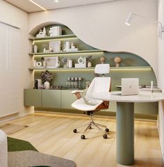 a room with a desk, chair and shelves on the wall