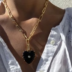 This super adjustable paperclip chain is elevated to new heights with our removable Malene heart pendant in simmering onyx. Carved stone, cubic zirconia, and high-shine gold. Everything you want and need in a statement necklace. 14k gold plated carved onyx and cubic zirconia heart pendant with hinge clip on 6.5mm large Script Necklace, Gold Everything, Want And Need, Bracelets With Meaning, Carved Stone, Texture Color, Necklace Charm, Silver Shop, Fine Earrings