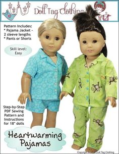 two dolls are standing next to each other with their hands on their hipss and the words heartwarming pajama pajamas written below them