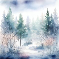 a watercolor painting of trees in the snow