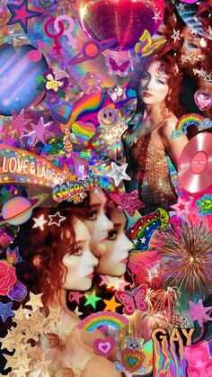 a collage of images with balloons, stars, and other things in the background