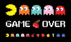 an old school video game cover with pacman and other characters in different colors on black