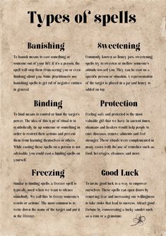 Types of Spells Printable Witchery Printable Book of - Etsy Canada Different Spells, Types Of Spells Witchcraft, Witch Craft For Beginners, Spell To Banish A Person, Easy Spells For Beginner Witches, Baby Witch Spells, Spell Types, Simple Spells For Beginners, Book Of Shadows Ideas