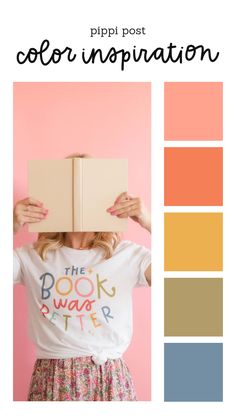 a girl holding up a book over her head with the words color inspiration on it