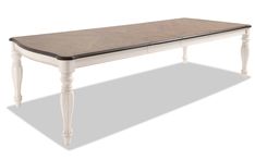 a white table with a wooden top and black trim around the edge, against a white background