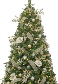 a decorated christmas tree with gold and silver ornaments on it's branches, lights and bows