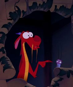 an animated character is standing in front of a cave with a purple creature looking at him