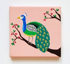 a painting of a peacock sitting on a tree branch in front of a pink background