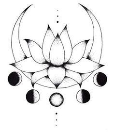 a drawing of a lotus flower with phases in the center and three drops on each side