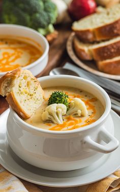 10 Healthy Soups for Picky Eaters - Broccoli and Cheddar Cheese Soup with Cauliflower. Check out more ideas at poppymommy.com Soup With Cauliflower, Broccoli And Cheddar