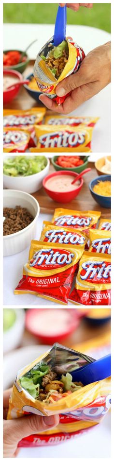 two pictures showing the process of making sandwiches with chips and dips on them,