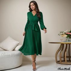 Olivia Mark - Stylish Long Sleeve Pleated Waist Belted Maxi Dress with Mandarin Collar Mandarin Collar Dress, Vintage Long Dress, Belted Midi Dress, Party Skirt, Vestidos Vintage, Pleated Midi Dress, Spring Summer Dress, Vestido Casual, Daily Dress