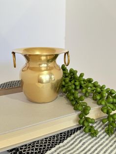 a gold vase sitting on top of a table next to a book and green plant