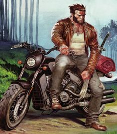 a painting of a man sitting on a motorcycle in the middle of a wooded area