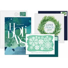 three christmas cards with the words happy holi day and snowflakes on them