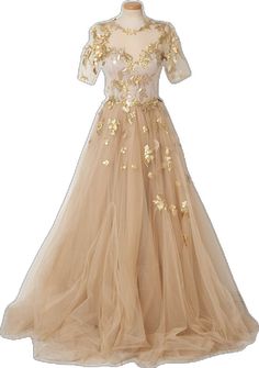 Prom Season Dress With Fitted Bodice And Short Sleeves, Short Sleeve Tulle Dress For Prom Season, Short Sleeve Dress With Fitted Bodice For Prom, Short Sleeve Dresses With Fitted Bodice For Prom Season, Beige Tulle Wedding Dress, Gold A-line Dress For Wedding, Fitted Tulle Ball Gown With Short Sleeves, Fitted Princess Dress For Wedding And Prom, Beige Floor-length Dress For Banquet