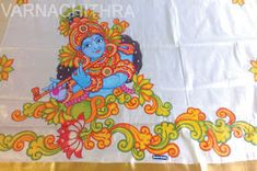 there is a cloth with an image of lord ganeshra on it and the colors are red, yellow, green, orange, and blue