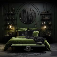 a bed with green sheets and pillows in a dark room next to a shelf filled with candles