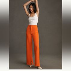 Sold Out Ants Top Rated @Anthro; Slimming Tailored Pants With Side And Back Slit Pockets, Slit At Hemperfect Blend Of Sophisticated Styling And Fun Tangerine Orange Color. Smoke Free Home. Tangerine Orange Color, Best Work Pants, East Coast Fashion, Stylish Office Wear, Cotton Linen Trousers, Metallic Jumpsuits, Orange Fits, Work Pants Women, Tan Legs