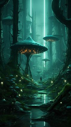 an image of a forest with mushrooms and lights