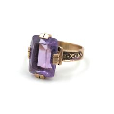 "Antique Victorian era 10k rose gold and amethyst ring. The amethyst sits on a short bezel and is prong set, a classic construction for the late 1800s. Elegant & classic. At some point in it's history the ring was resized, visible in the back only under magnificaiton (see photos). This ring has stood the test of time and shows very minimal signs of wear.  Unmarked/unsigned and tested to guarantee purity.  In very good antique condition. Size: 4.5 Measures: .5\" tall (in front)  Weight: 3.13 grams Please feel free to contact me with questions and/or for additional photos. More Victorian pieces in the shop; Antique book chain necklace - https://tinyurl.com/4hj6twx3 14k Coral Ring - www.etsy.com/BaseFare/listing/1434412784 *Free Shipping on Domestic Orders Over $35* All items ship USPS First Purple Amethyst Art Deco Ring, Antique Amethyst Jewelry Stamped 14k, Art Deco Amethyst Ring In Yellow Gold, Yellow Gold Amethyst Ring In Art Deco Style, Heirloom 14k Stamped Amethyst Jewelry, Art Deco Yellow Gold Amethyst Ring, 14k Gold Art Deco Amethyst Ring, 14k Gold Amethyst Ring In Art Deco Style, 14k Gold Amethyst Ring Art Deco Style