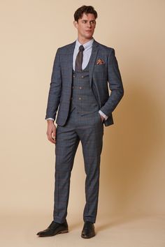 JENSON - Sky Blue Check Suit with Double Breasted Waistcoat Semi-formal Three-piece Suit For Fall, Fall Three-piece Suit With Suit Collar, Three-piece Suit In Suiting Fabric For Fall, Tailored Three-piece Suit For Fall Semi-formal, Fall Three-piece Suit With Notch Lapel, Fall Three-piece Suit For Work, Blue Checkered Suit, Blue Check Suit, Tan Brogues