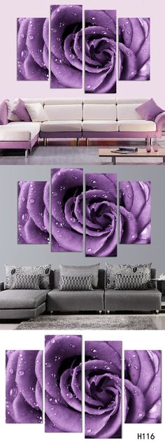 purple roses with water droplets on them are displayed in this modern living room wall art