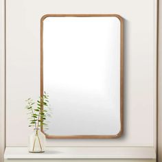 a mirror sitting on top of a table next to a vase with a plant in it