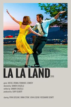 the poster for la la land shows a man and woman dancing in front of a sunset