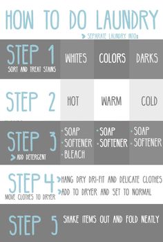 the instructions for how to do laundry in different colors and styles, including white, blue,