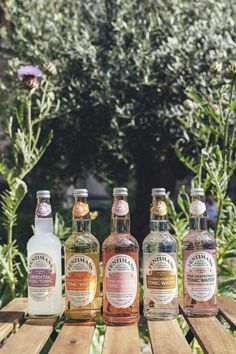 four bottles of alcohol sitting on top of a wooden table in front of some bushes