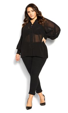 Plus Size Outfits Black, Balloon Sleeve Shirt, Party Dress Sale, Curve Fashion, Black Sheer Top, Chic Blouses, Top Plus Size, Date Night Dresses, Plus Size Top